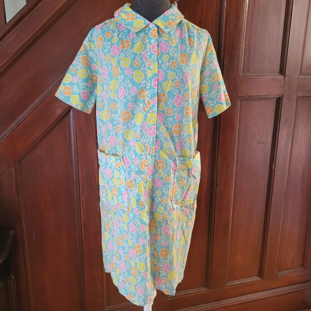 1960s Penneys House Dress Loungewear Floral Orange & Pink Size 10